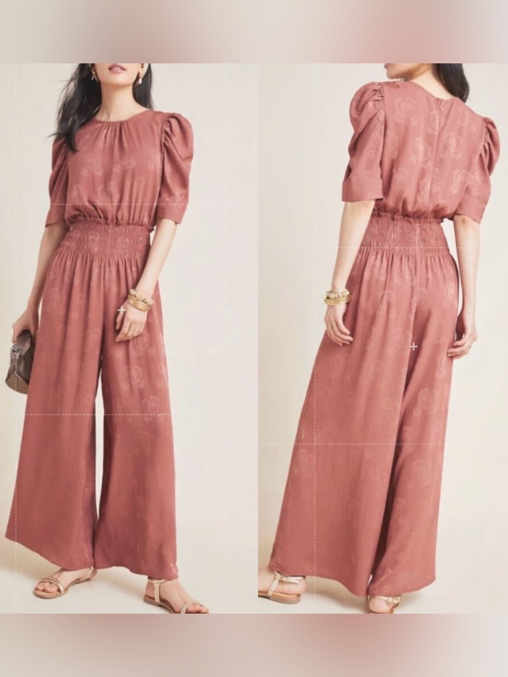 Anthropologie Current Air Floral Satiny Cottage Quiet Luxury Wide Leg Jumpsuit M